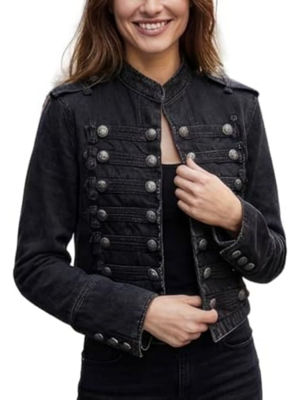 Vintage Military Denim Jacket | Steampunk Jean Coat with Stand Collar & Double